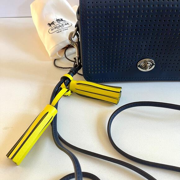 COACH Legacy Penny Perforated Leather Navy & Yellow Crossbody, Dust Bag & Box - Picture 5 of 15